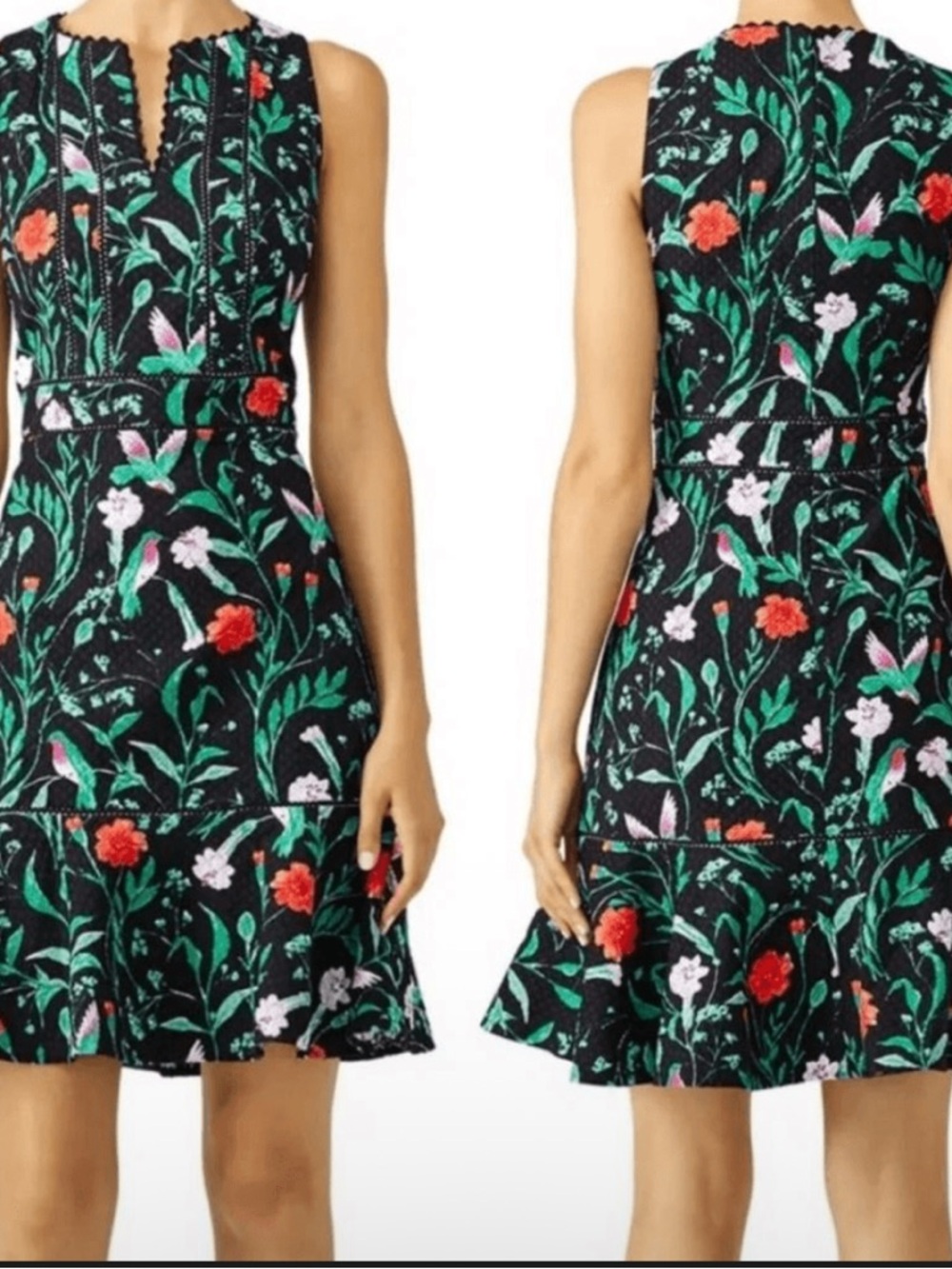 kate spade Black Floral Embroidered Mini Dress with Green & Red Accents